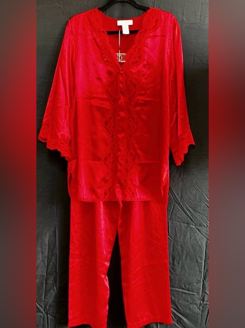 Val Mode Vintage Red Satin and Lace Pajama Lingerie Set | Size Medium